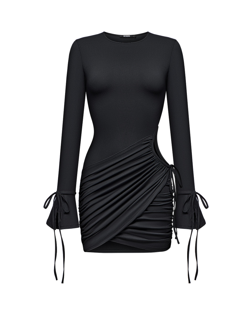 Платье мини с боковым вырезом, черный - Фото 1