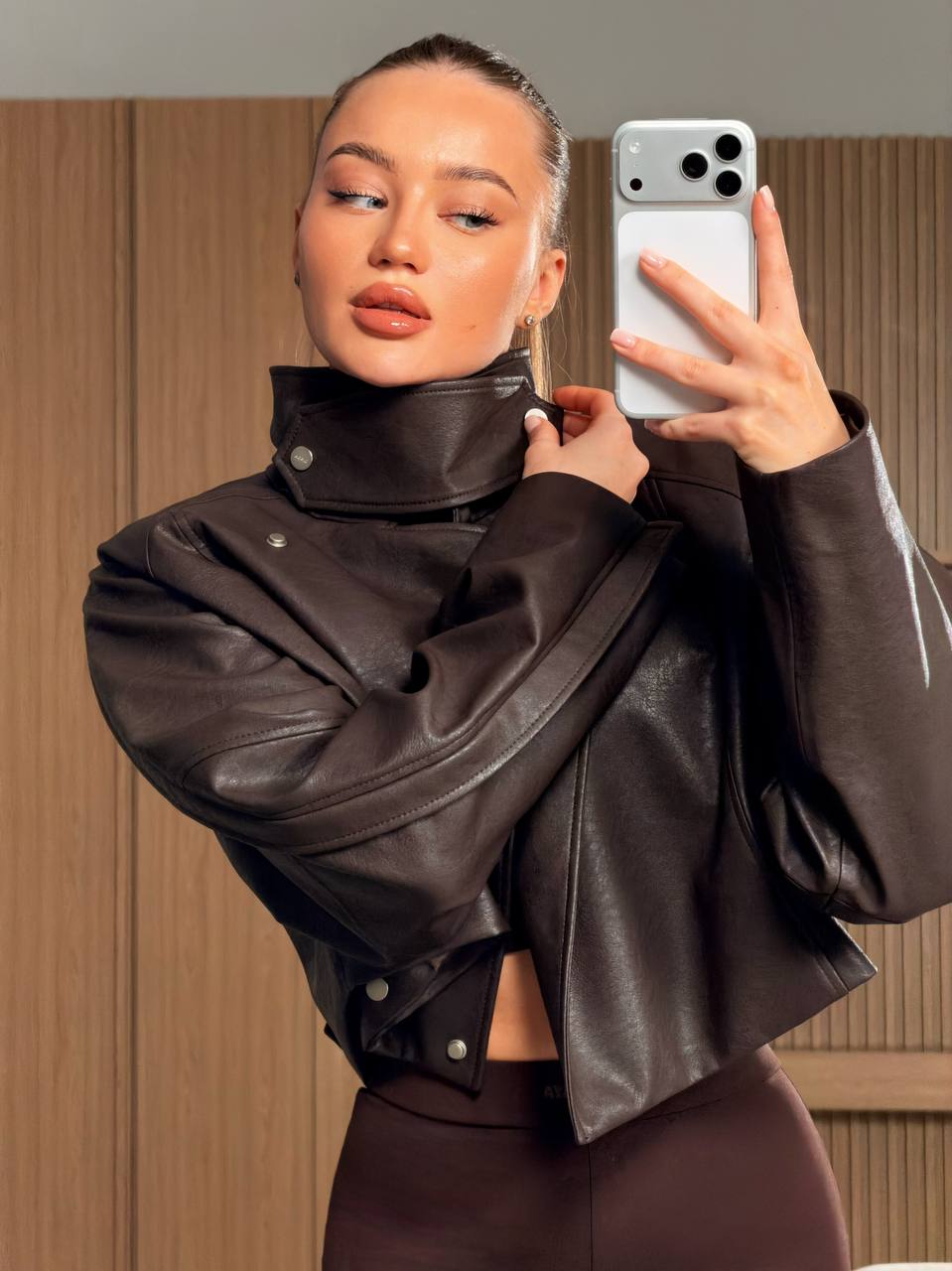 Бомбер oversize из экокожи, шоколадный - Фото 3