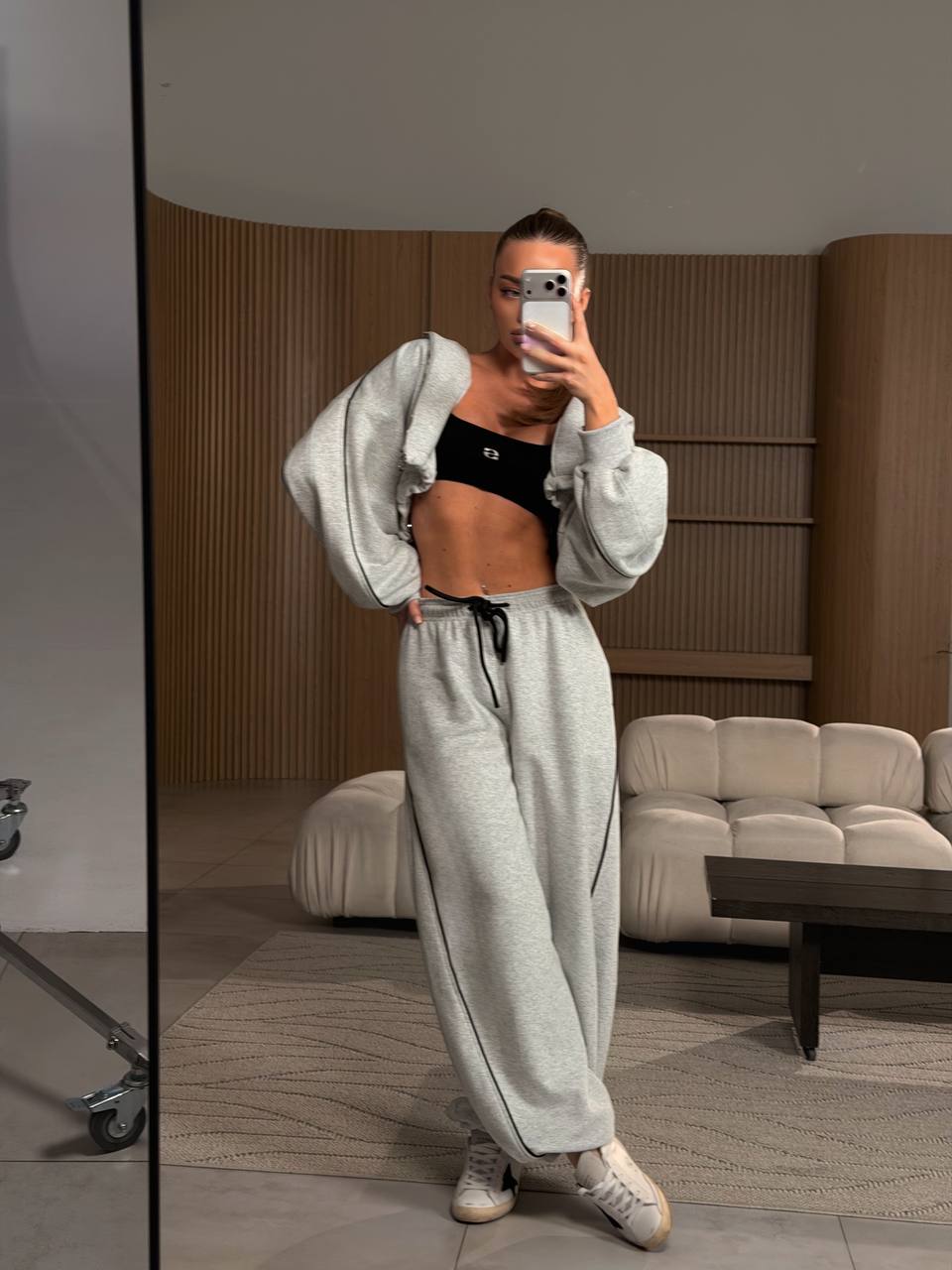 Зип - худи с декоративным кантом, серый меланж - Фото 3