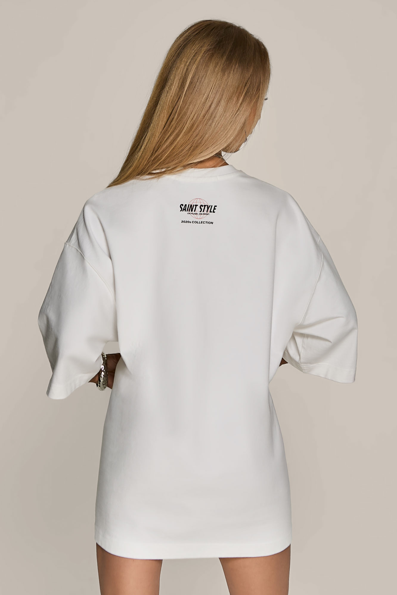 Футболка oversize с красным принтом, молочный - Фото 5