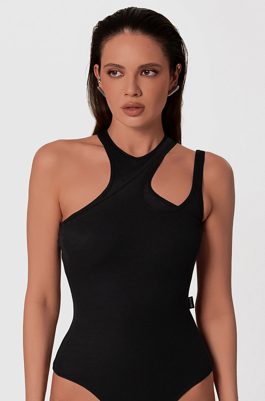 Боди - майка с асимметричными бретелями, черный - Фото 3