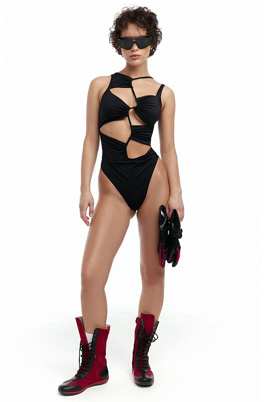 Купальник асимметричный со сборкой, черный - Фото 2