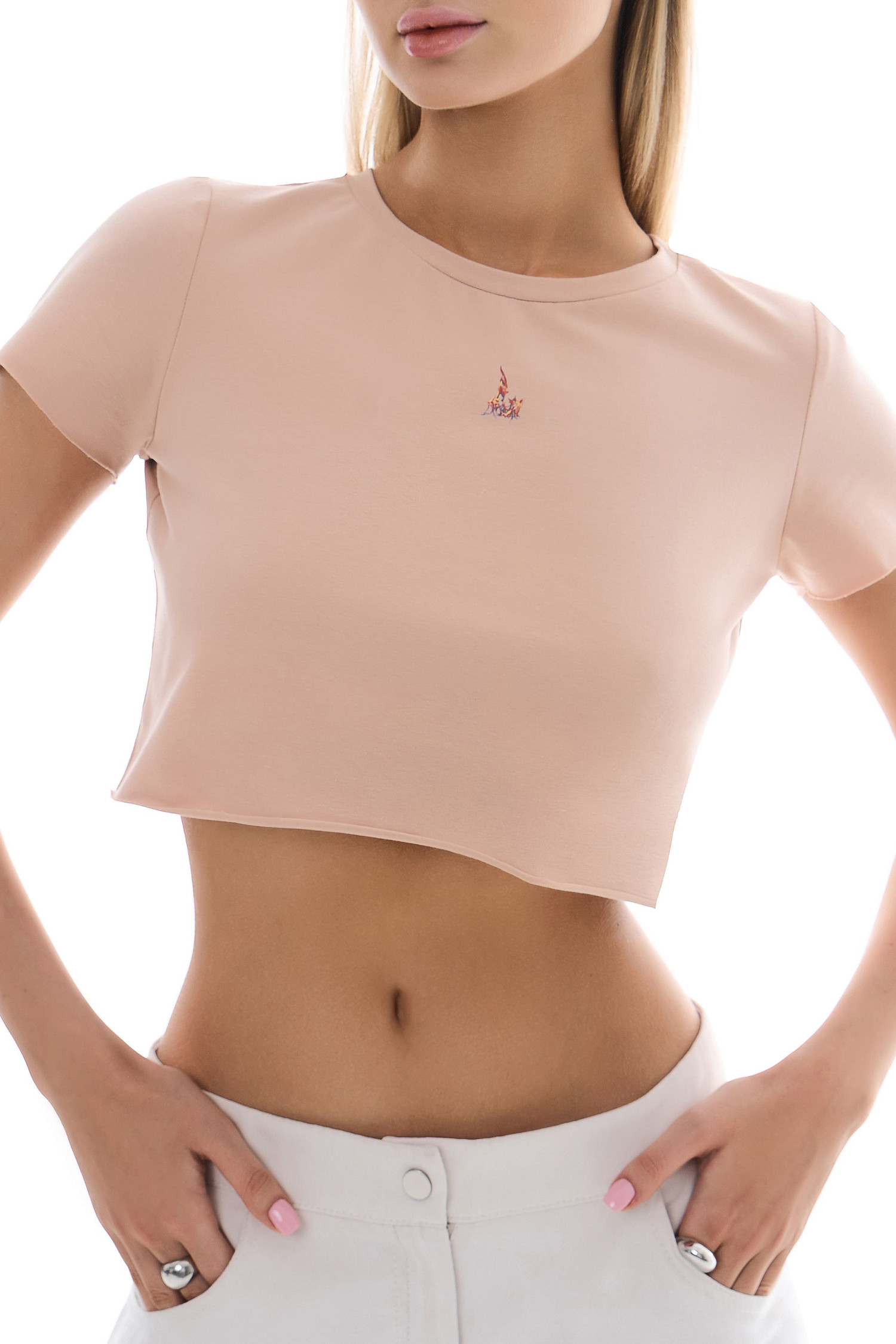 Кроп - футболка с необработанным низом, бежевый - Фото 1