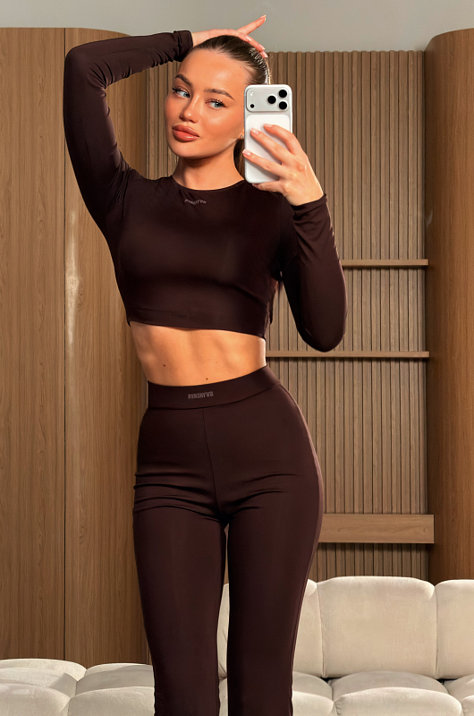 Лонгслив укороченый, шоколадный - Фото 1