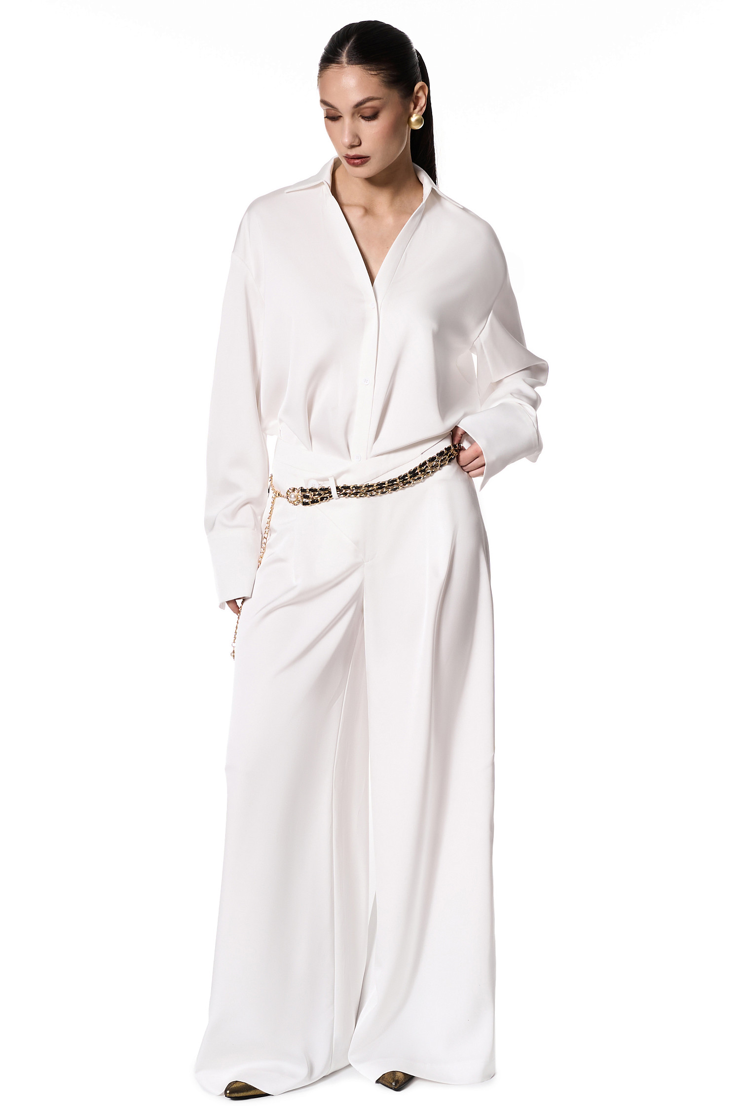 Брюки с асимметричным поясом, молочный - Фото 1