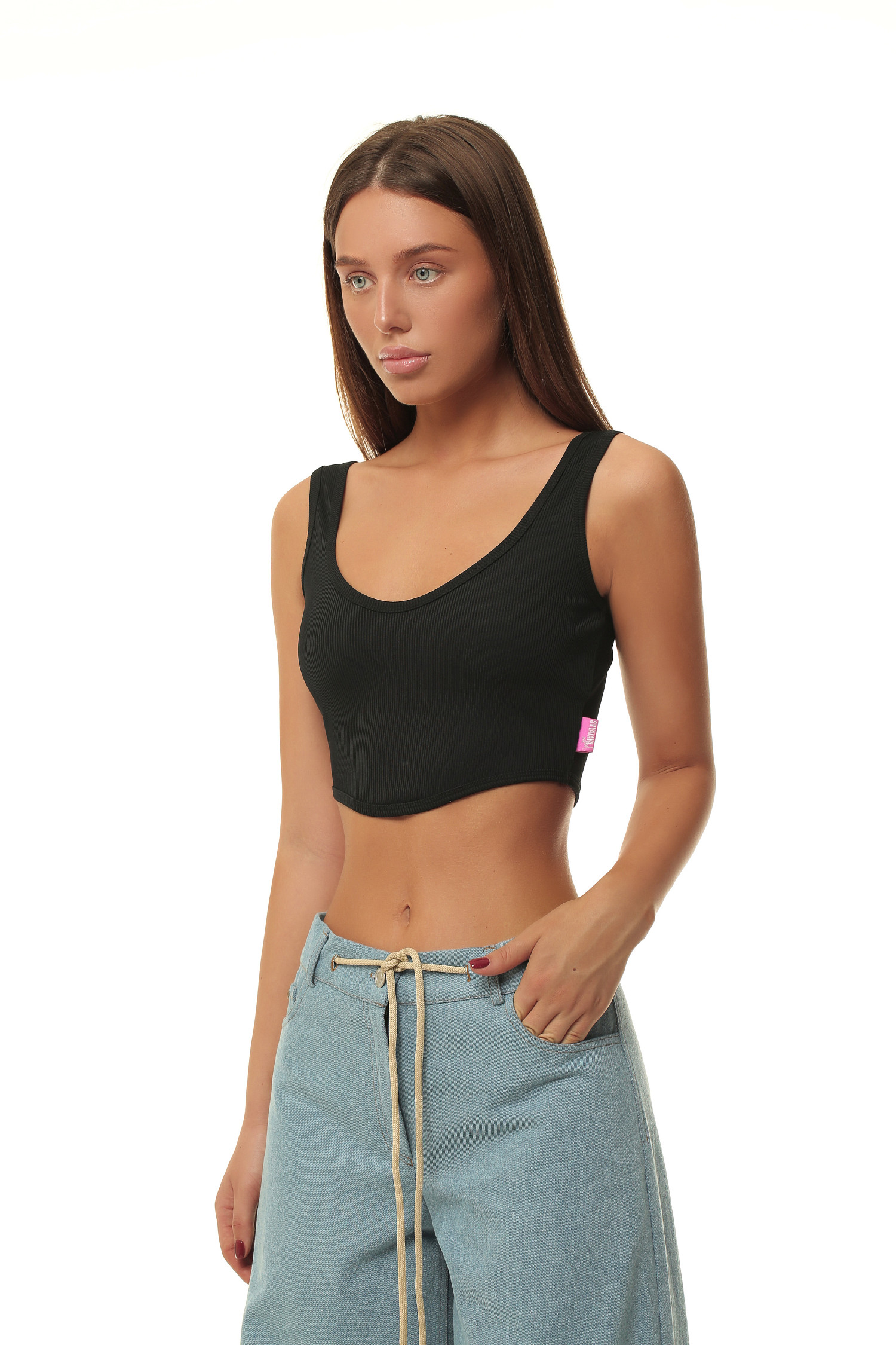 Топ с геометрической линией низа, черный - Фото 2