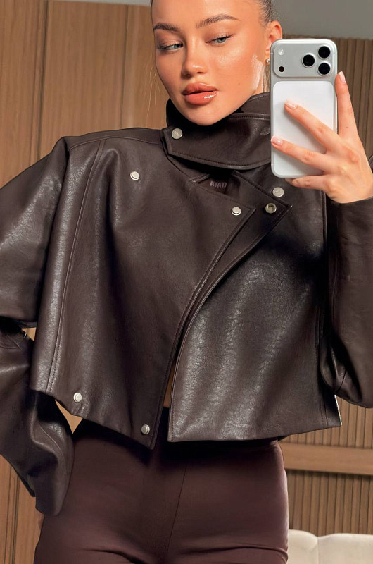 Бомбер oversize из экокожи, шоколадный - Фото 1