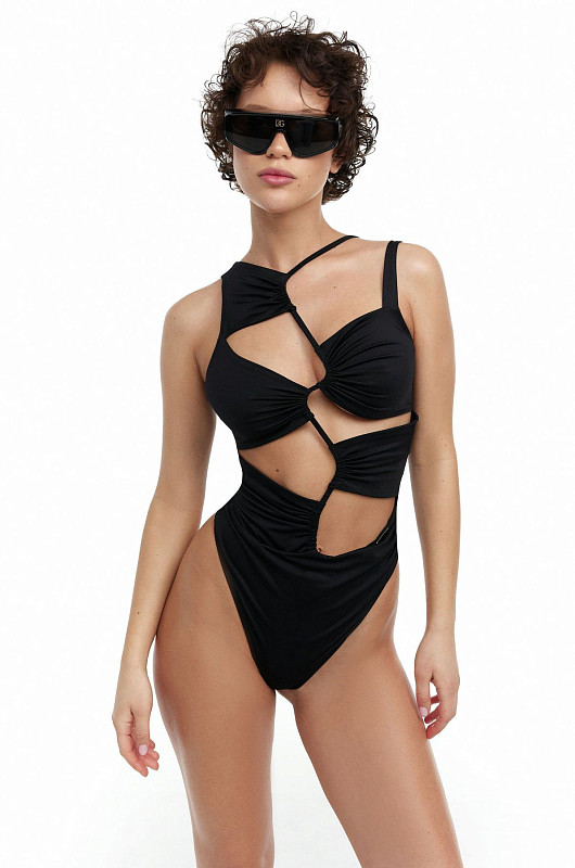 Купальник асимметричный со сборкой, черный - Фото 1