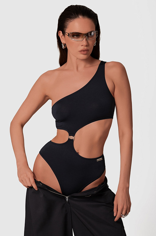 Боди на одно плечо, черный - Фото 1