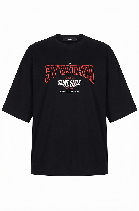 Футболка oversize с красным принтом, черный - Фото 1