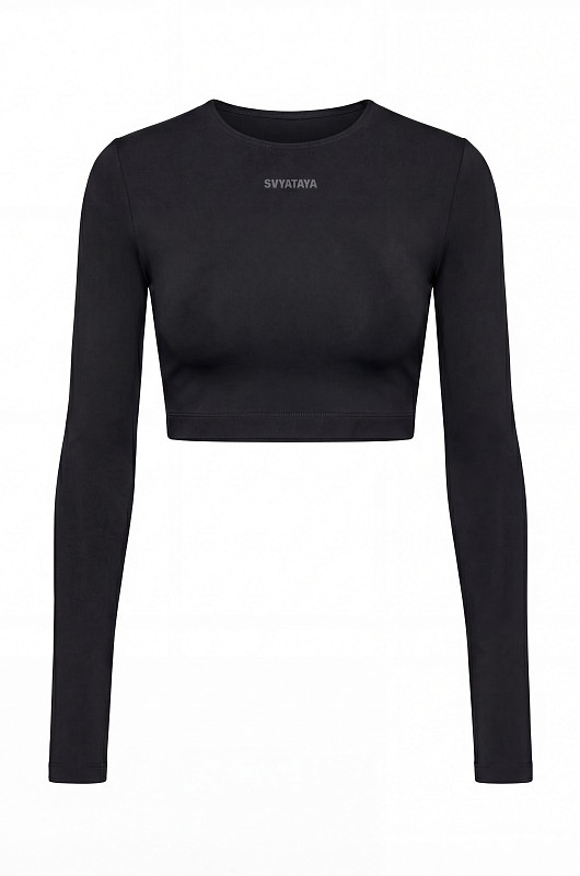 Лонгслив укороченый, черный - Фото 1