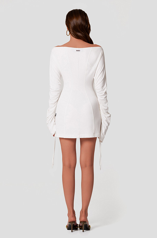 Платье мини со сборкой, молочный - Фото 3