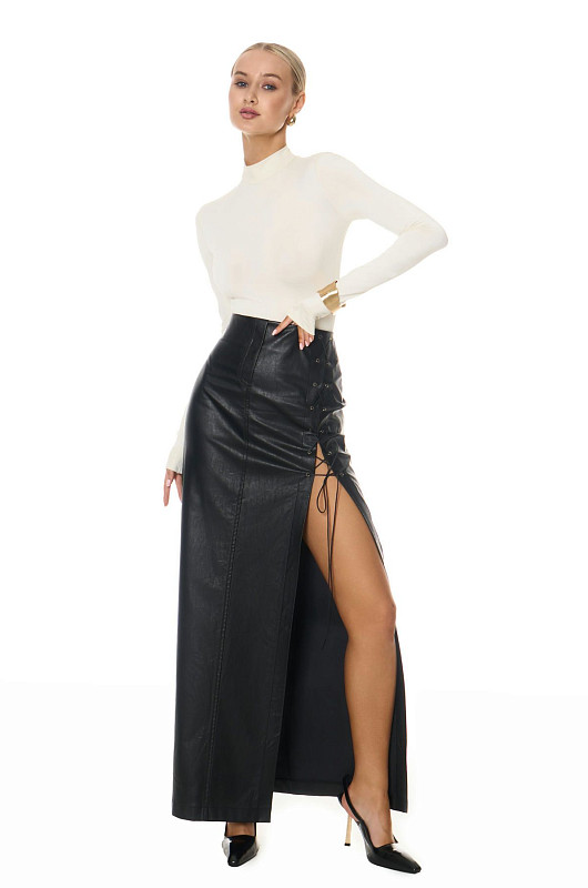 Юбка макси со шнуровкой, черный - Фото 4