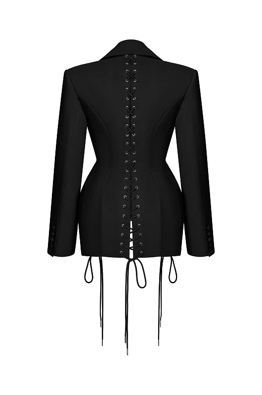 Жакет приталенный со шнуровкой, черный - Фото 2