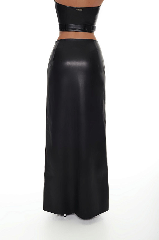 Юбка макси из экокожи, черный - Фото 6