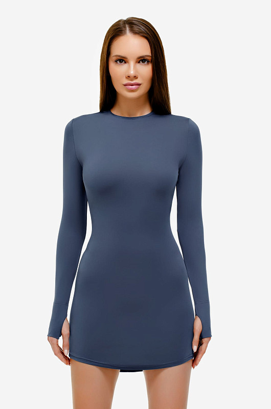 Платье мини из бифлекса, серо-голубой - Фото 6