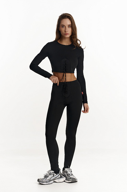 Леггинсы со шнуровкой, черный - Фото 1