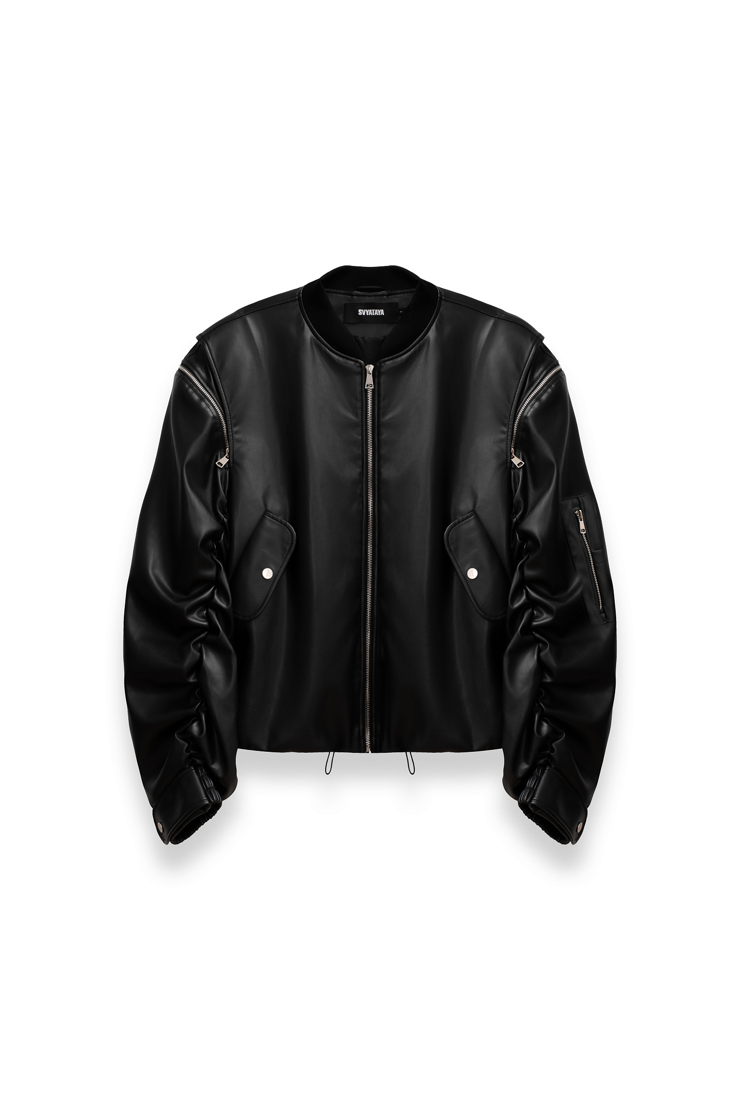 Бомбер из экокожи, черный - Фото 1