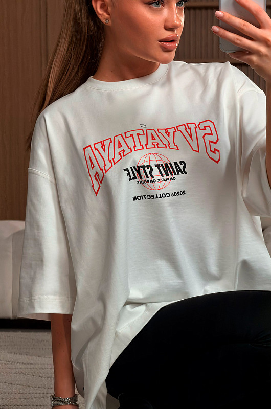 Футболка oversize с красным принтом, молочный - Фото 5