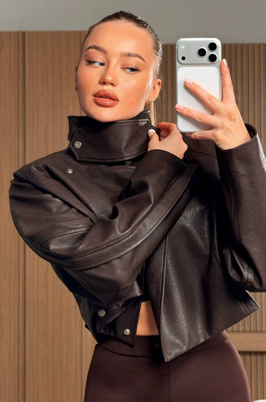 Бомбер oversize из экокожи, шоколадный - Фото 2