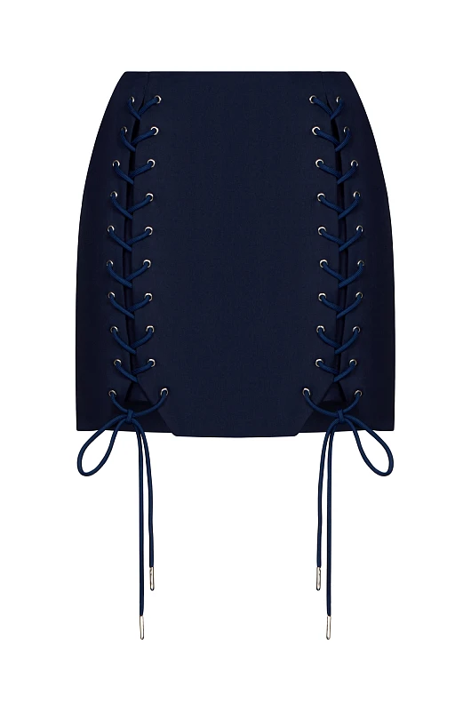 Юбка мини со шнуровкой, синий - Фото 1