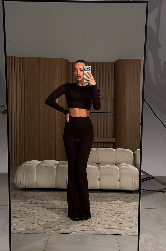 Лонгслив укороченый, шоколадный - Фото 4