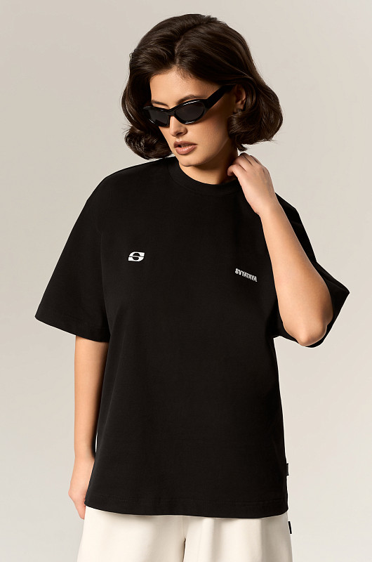 Футболка с акцентными плечами, черный - Фото 2