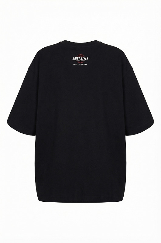 Футболка oversize с красным принтом, черный - Фото 2