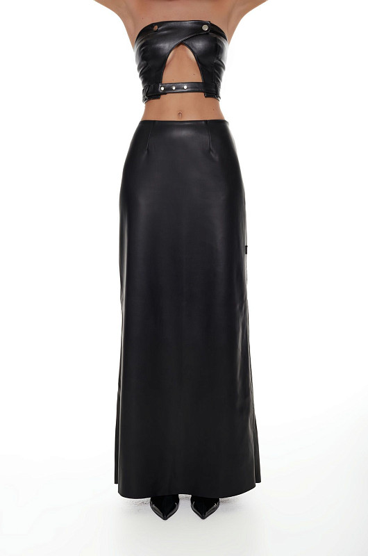 Юбка макси из экокожи, черный - Фото 3