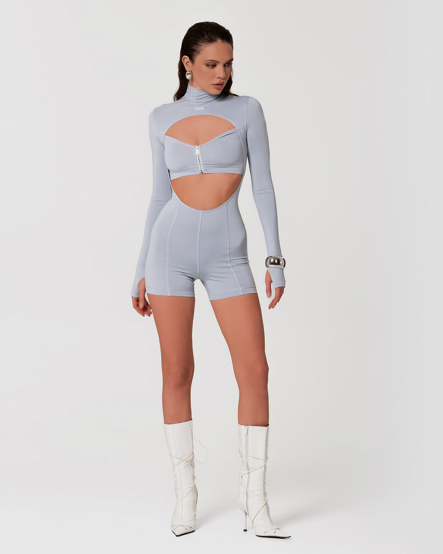 Комбинезон с декоративными молниями, серый - Фото 3