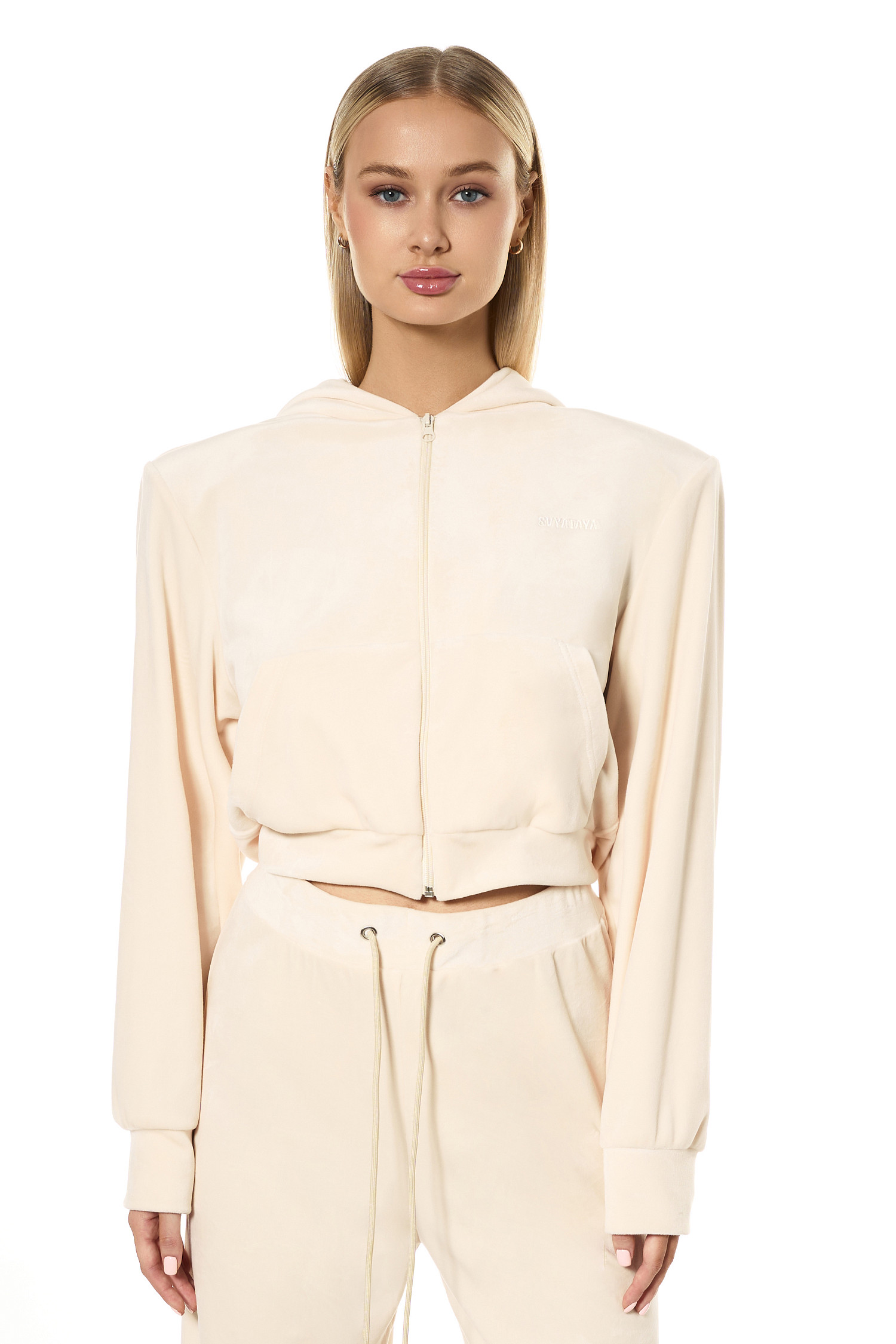 Зип - худи из велюра SVYATAYA, сливочный - Фото 5