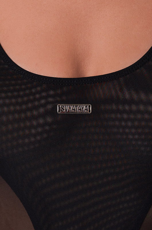 Боди из сетки с фигурными элементами, черный - Фото 3