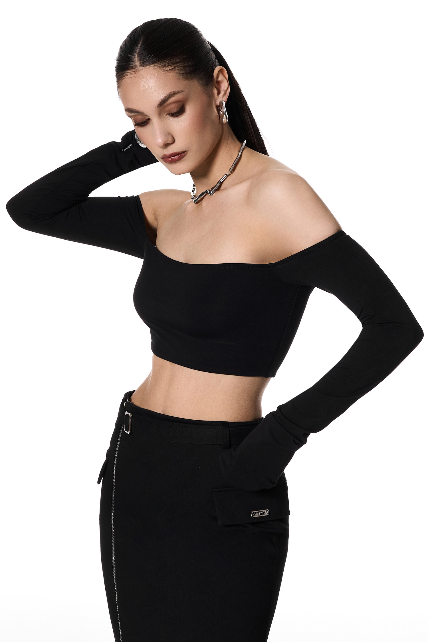 Топ - бандо с длинными рукавами, черный - Фото 2