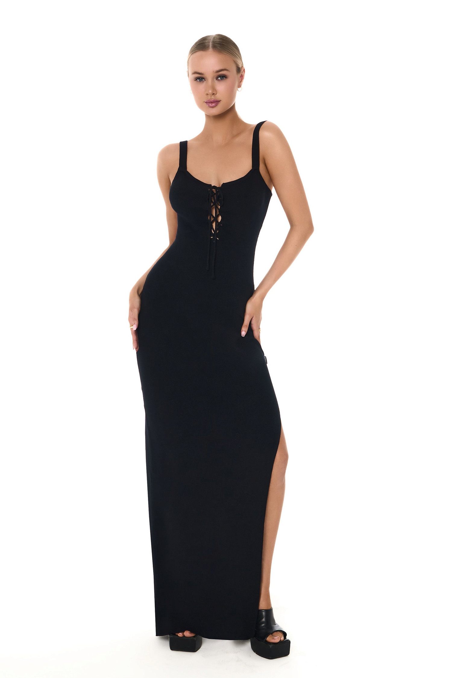 Платье макси со шнуровкой, черный - Фото 2