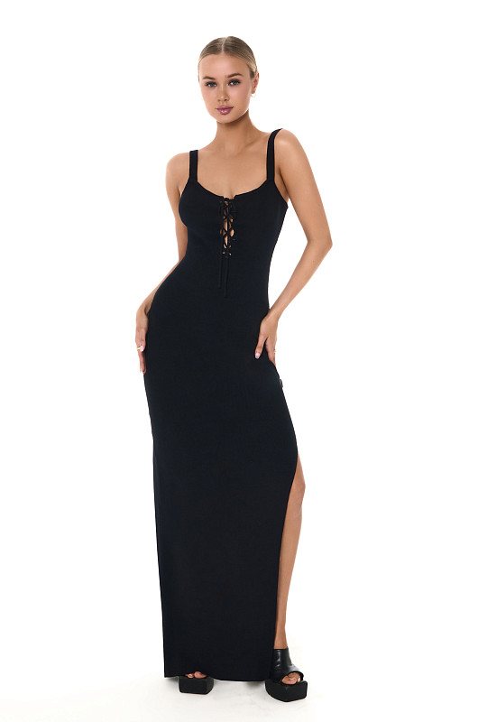 Платье макси со шнуровкой, черный - Фото 2