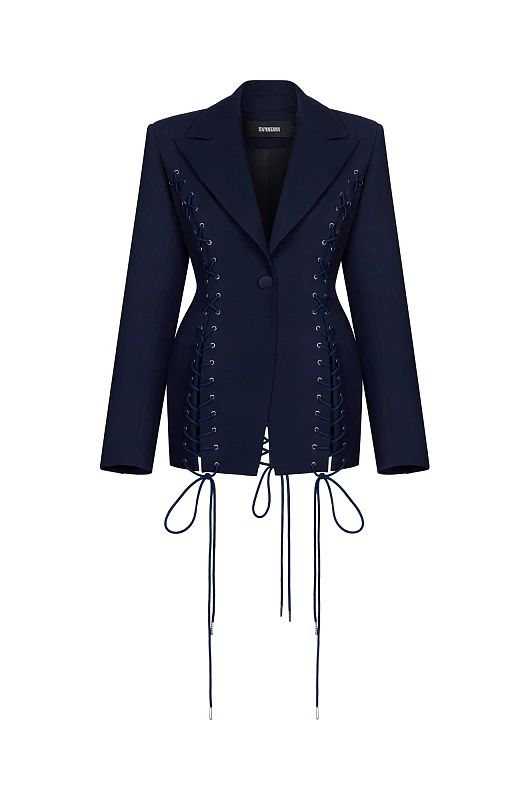 Жакет приталенный со шнуровкой, синий - Фото 1