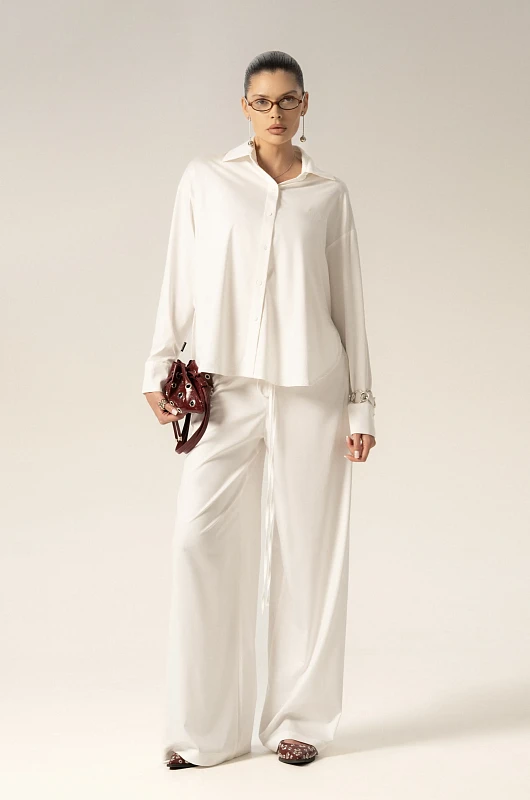 Брюки базовые со сборкой, молочный - Фото 5