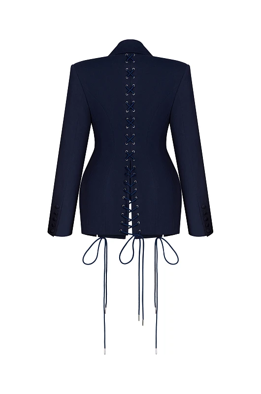 Жакет приталенный со шнуровкой, синий - Фото 2