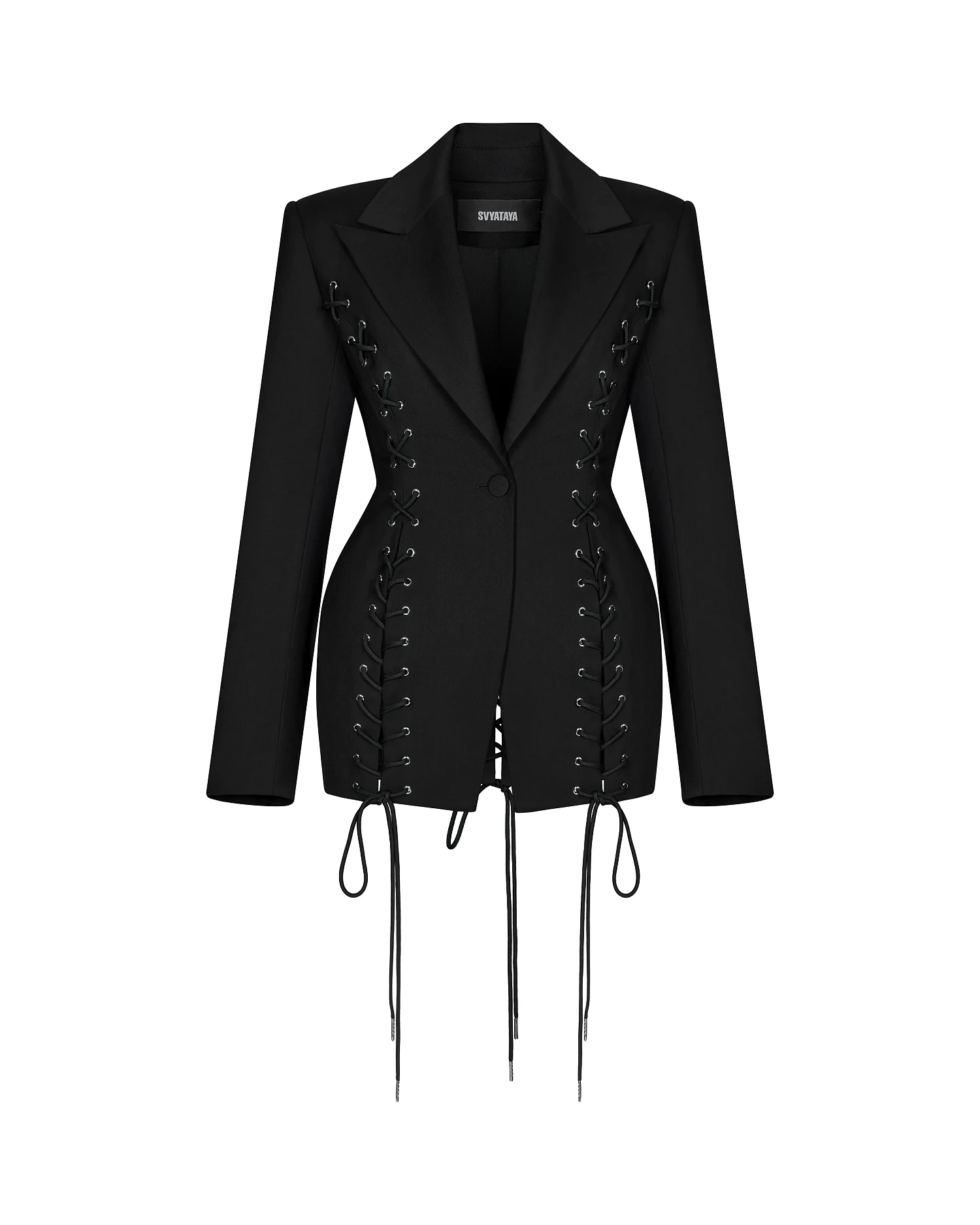 Жакет приталенный со шнуровкой, черный - Фото 1