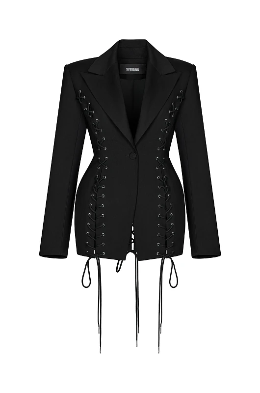 Жакет приталенный со шнуровкой, черный - Фото 1