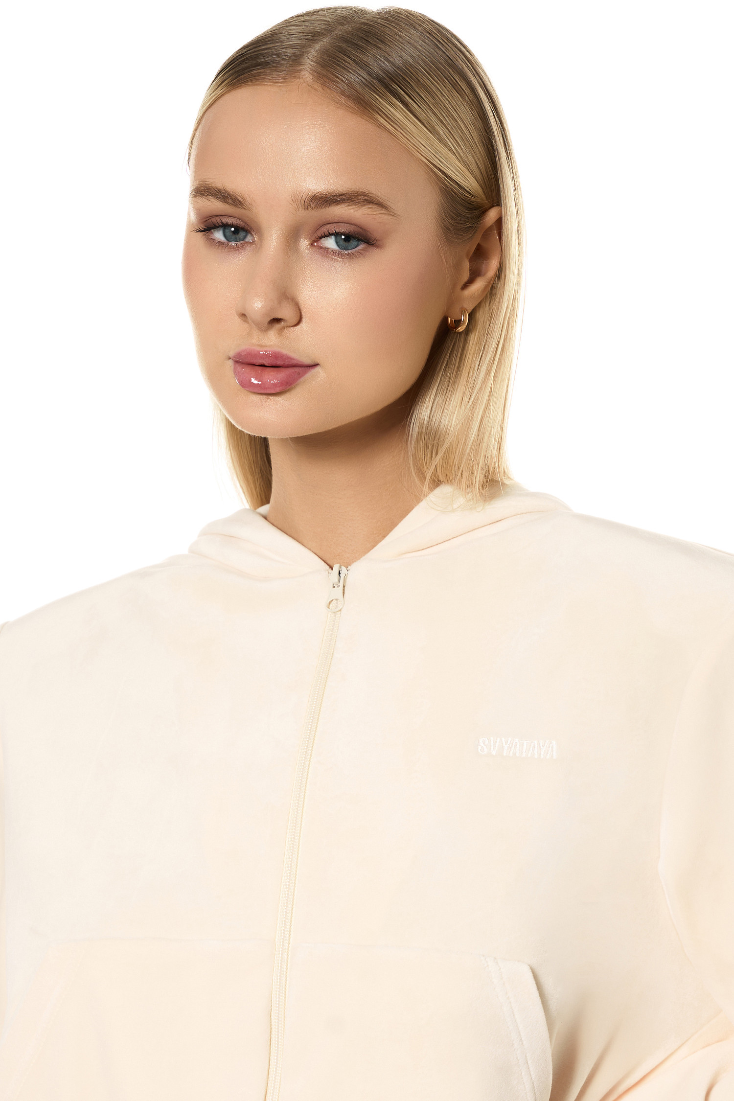 Зип - худи из велюра SVYATAYA, сливочный - Фото 3