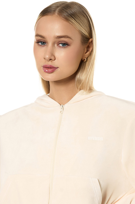 Зип - худи из велюра SVYATAYA, сливочный - Фото 3