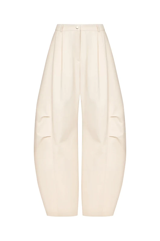 Брюки объемные с защипами, экрю - Фото 1