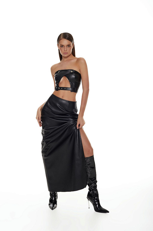 Юбка макси из экокожи, черный - Фото 7
