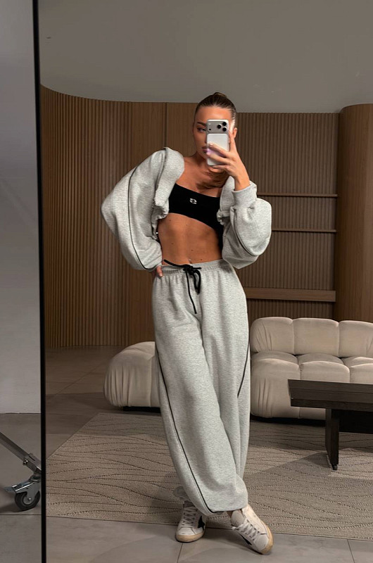 Зип - худи с декоративным кантом, серый меланж - Фото 2