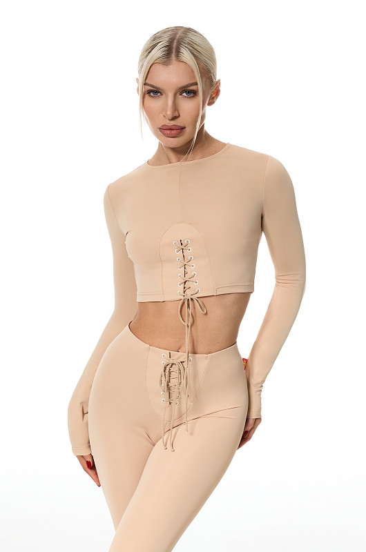 Леггинсы со шнуровкой, бежевый - Фото 3
