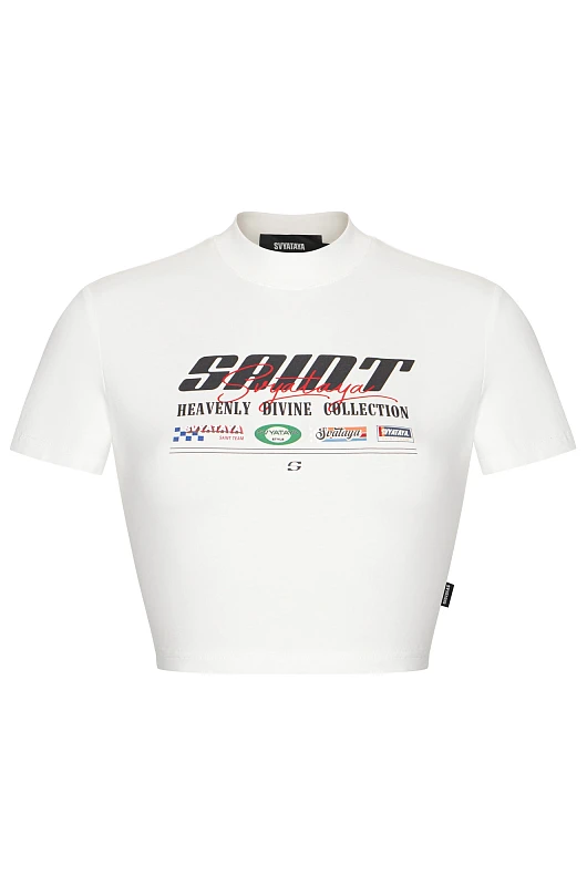 Кроп - футболка с высокой горловиной, молочный - Фото 1