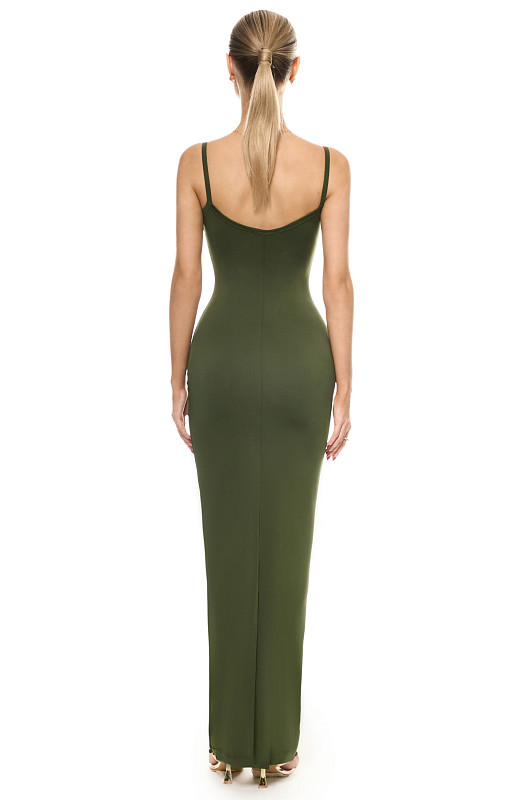 Платье с бретелями длины макси, хаки - Фото 2