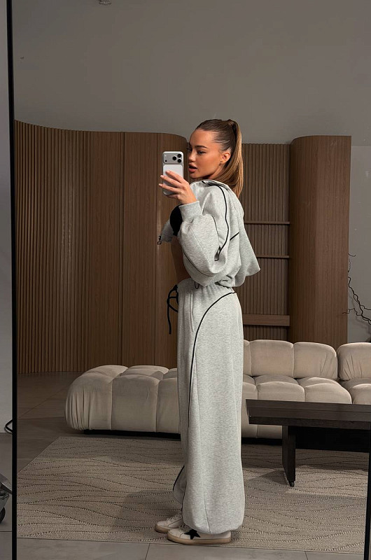 Зип - худи с декоративным кантом, серый меланж - Фото 4