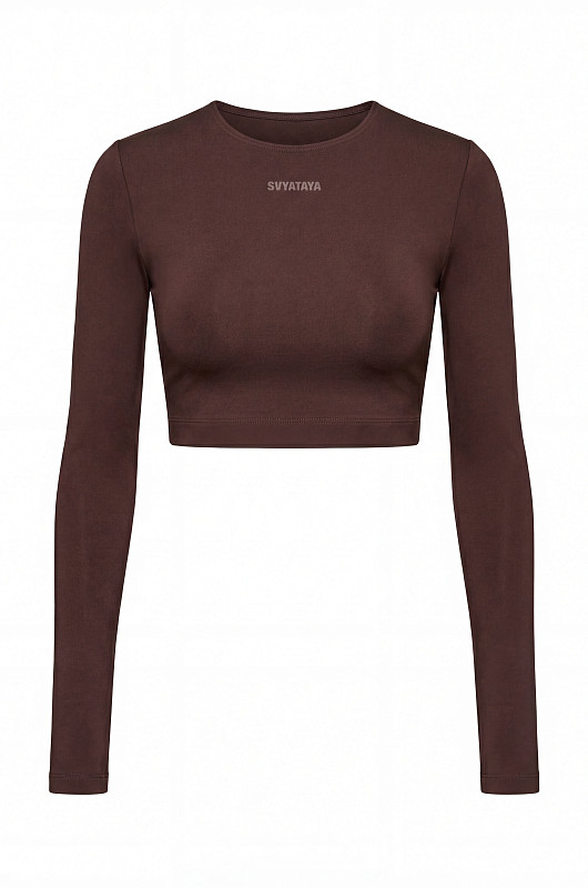 Лонгслив укороченый, шоколадный - Фото 1